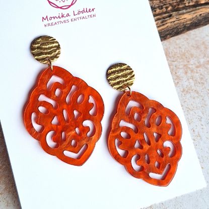 Bild von Ornament-Ohrstecker - Rhombusform aus Resin - tango orange - Stecker Edelstahl gold